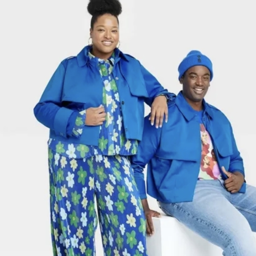 Trendy Blue Half Trench Coast Unisex - Picture 3 of 7